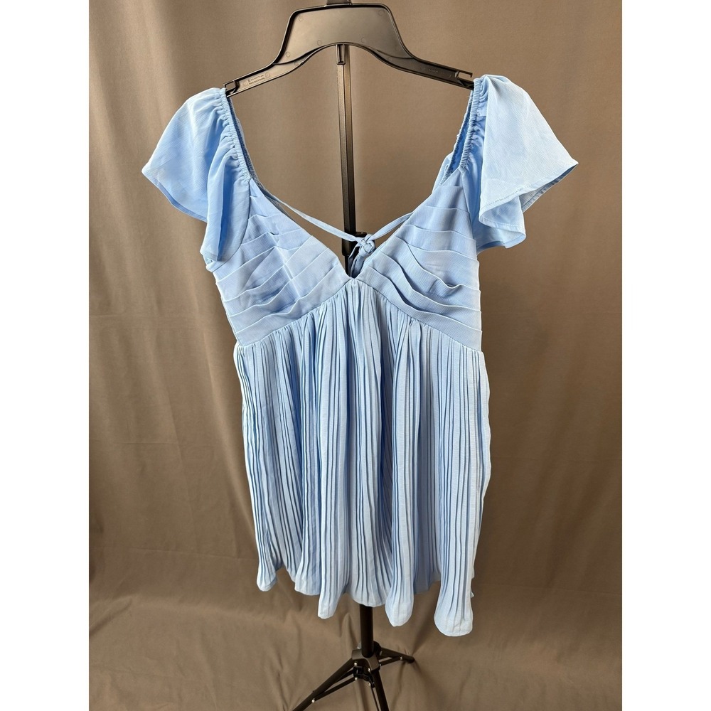 Lulus Light Blue Pleated Flutter Sleeve Mini Dress Women's S V‑Neck Empire Waist